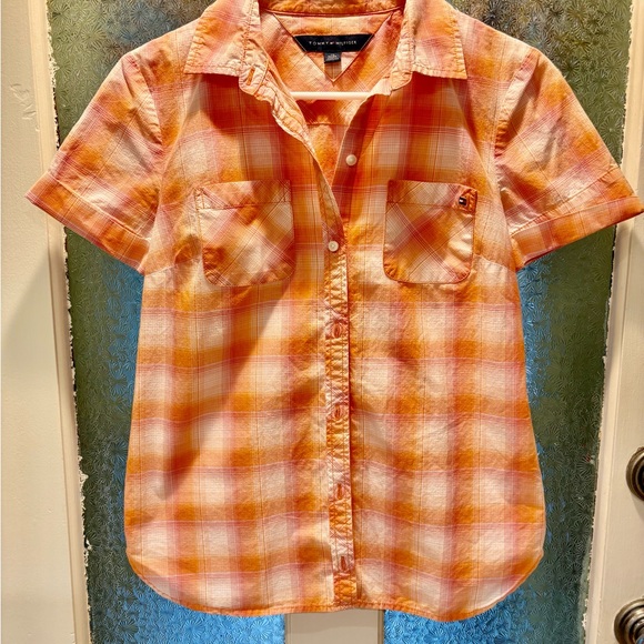 Tommy Hilfiger Peach, pink & white Plaid Women's Top - Picture 1 of 6